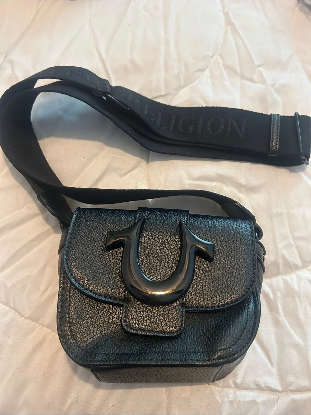 True Religion Black Mini Crossbody Belt Bag with Glossy Horseshoe